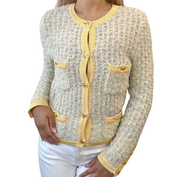 CHANEL Vintage 97P CC Mark Logo Tweed Cardigan #38 Sweater Yellow Nylon [106368] - Picture 1 of 13